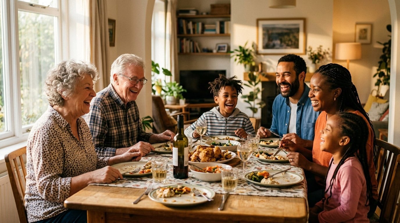 A family gathered around the kitchen table, planning their legacy together