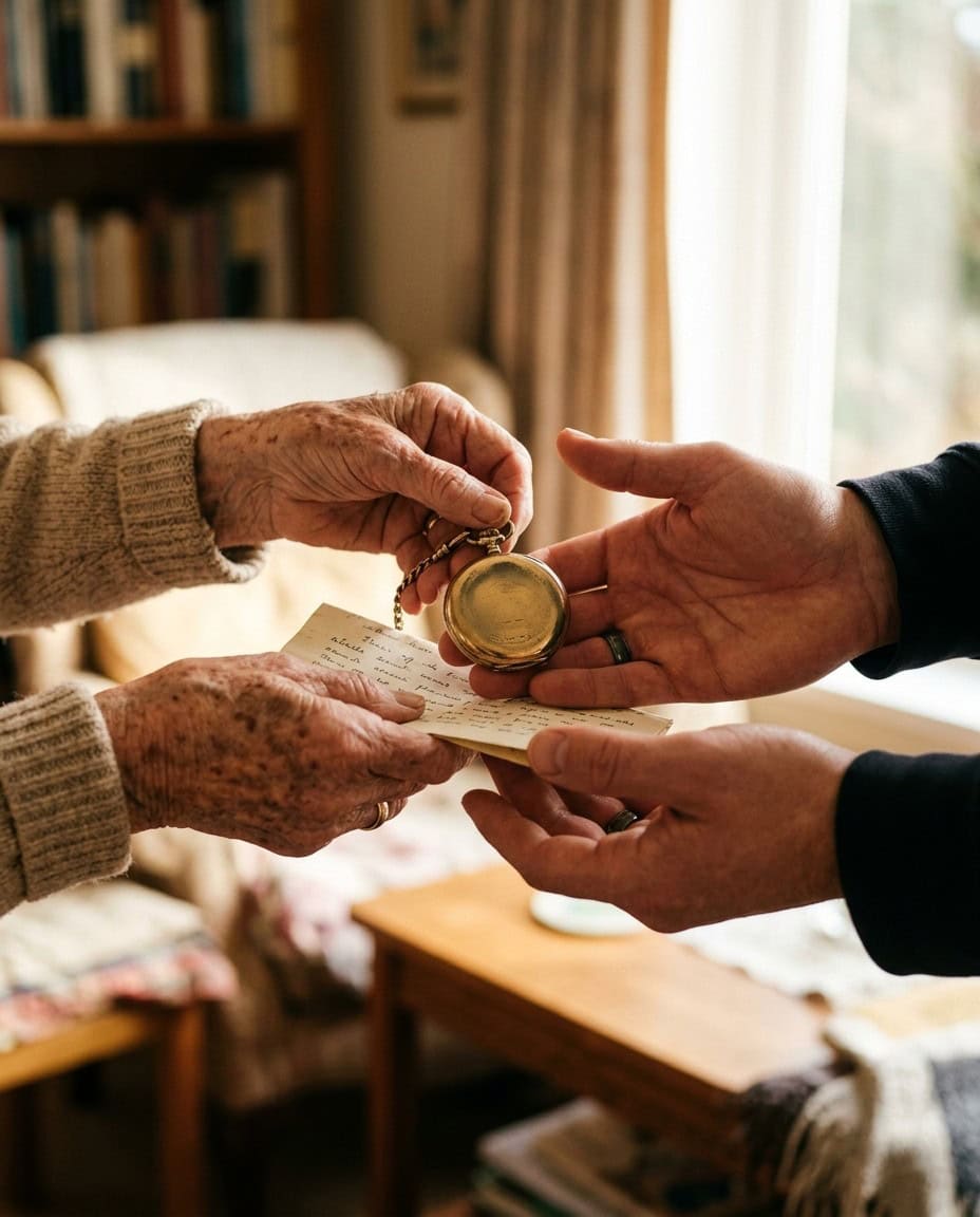 Hands passing a pocket watch — a symbol of the legacy we protect
