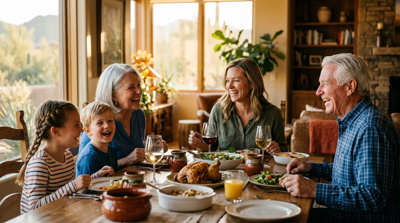 Three generations of a family laughing together around the dinner table at home