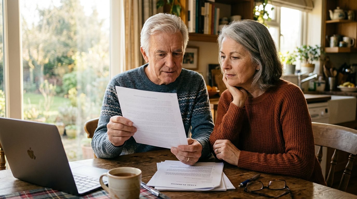A retired Arizona couple working through their estate paperwork at the kitchen table