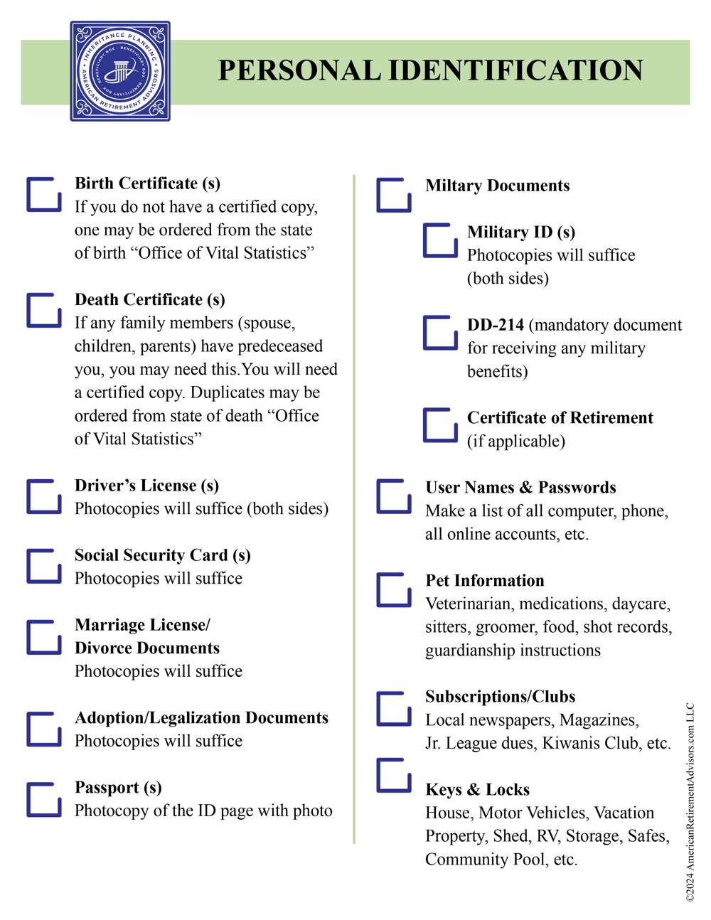 The Personal Identification checklist from inside the Beneficiary Box