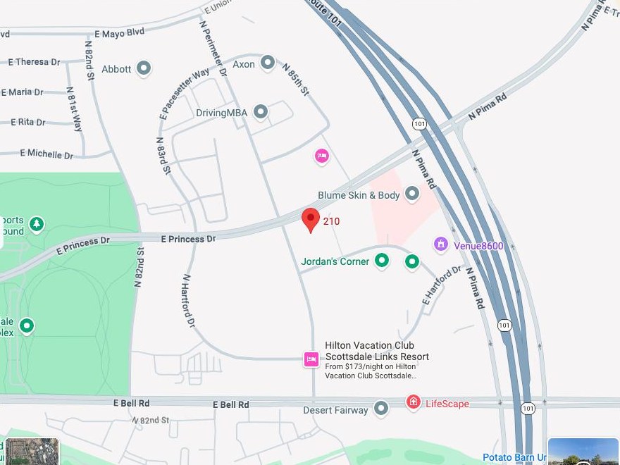 Map: American Retirement Advisors Studio, 8501 E. Princess Drive, Scottsdale, just off the 101 at Princess Drive