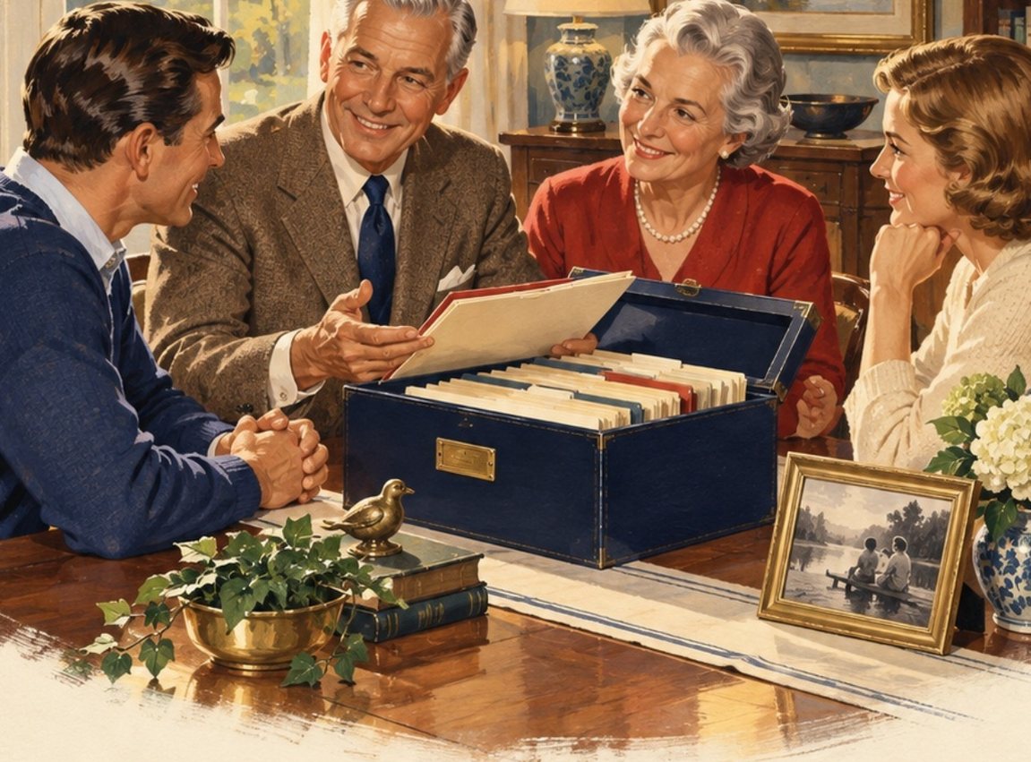 Illustration from our inheritance planning flyer: parents open a navy file box of organized family papers with their grown son and daughter